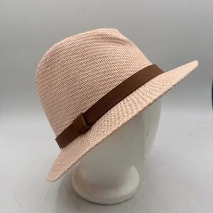 Blush Pink Straw Fedora Hat with Brown Band – 56 cm
